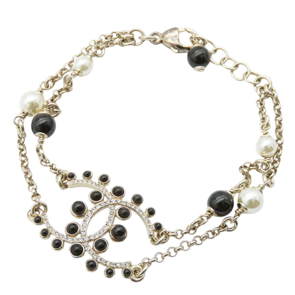 Chanel B Chanel Gold with Black Gold Plated Metal CC Faux Pearl Rhinestones Bracelet France