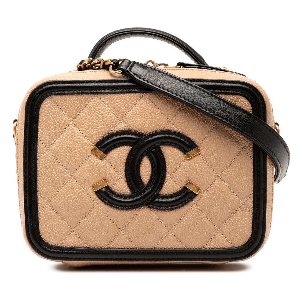 Chanel B Chanel Brown Beige with Black Caviar Leather Leather Small Caviar CC Filigree Vanity Case Italy