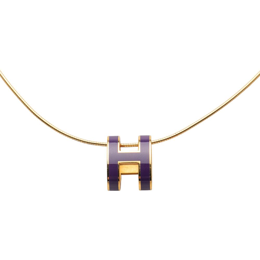 Hermès B Hermès Purple Dark Purple with Gold Enamel Other Gold Plated Pop H Pendant Necklace France