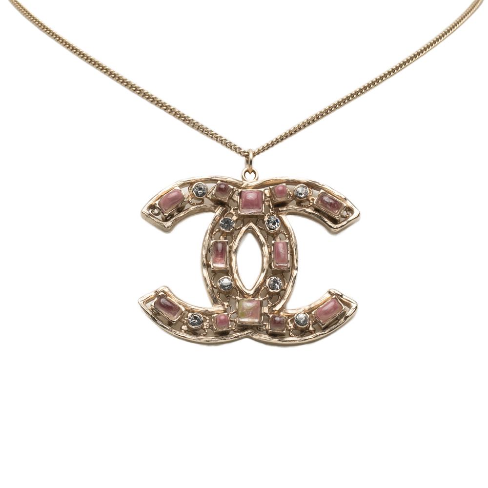 Chanel AB Chanel Gold Gold Plated Metal CC Crystals Pendant Necklace Italy