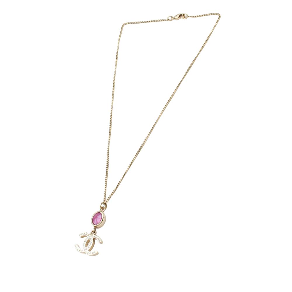 Chanel AB Chanel Gold with Pink Gold Plated Metal CC Rhinestone Pendant Necklace Italy