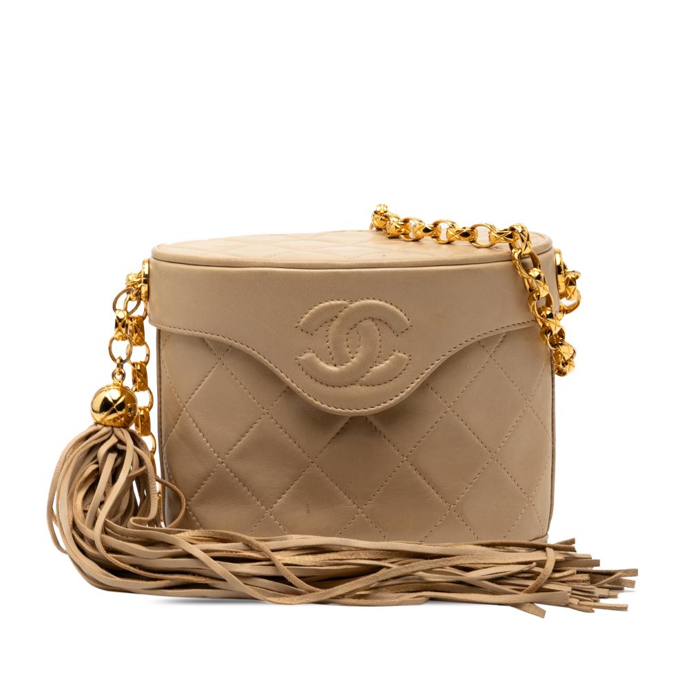 Chanel B Chanel Brown Beige Lambskin Leather Leather CC Quilted Lambskin Tassel Chain Vanity Bag Italy