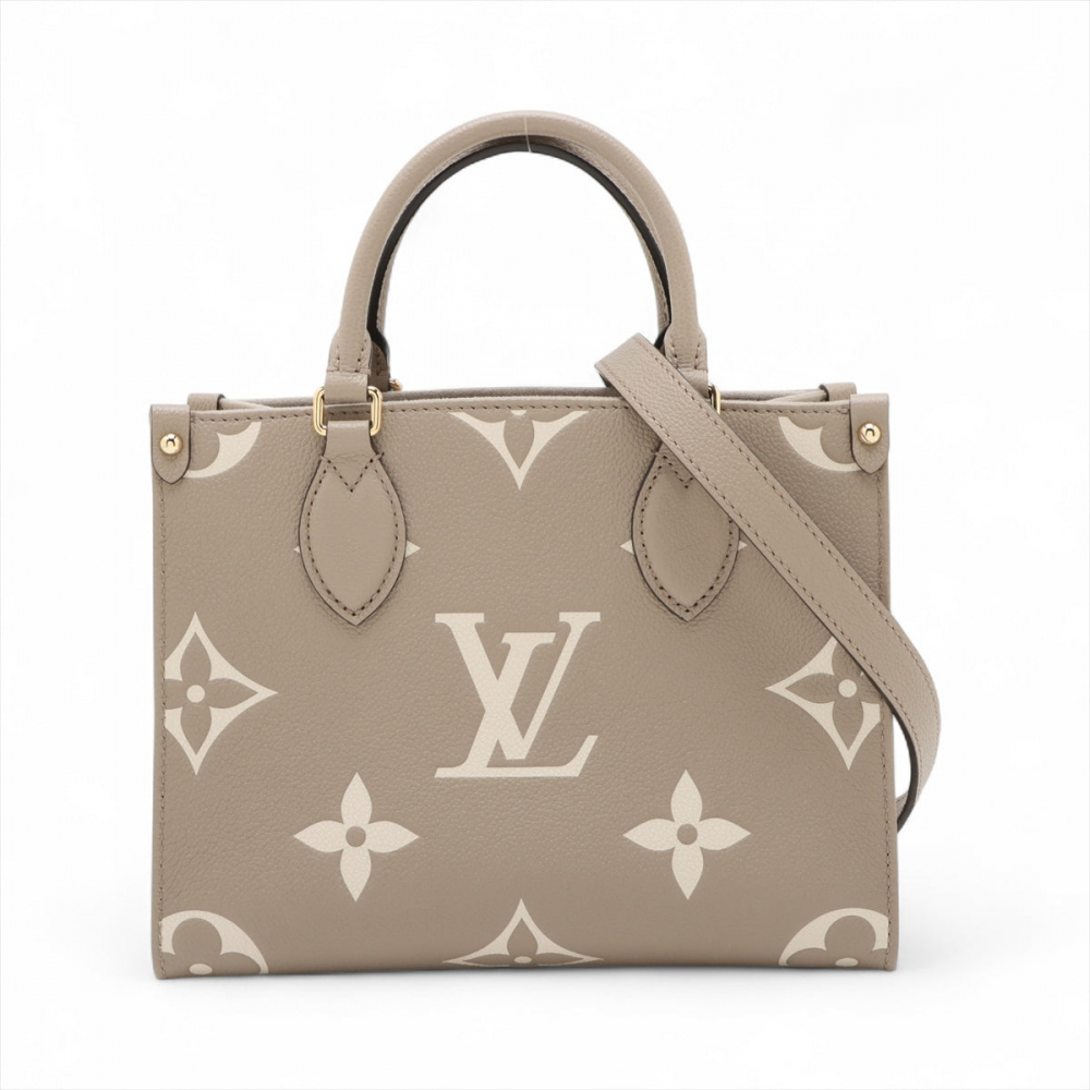 Louis Vuitton Onthego PM Calfskin Grained Leather Empreinte Tote Shoulder Bag Beige