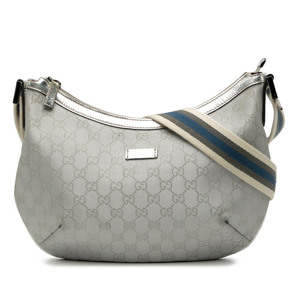 Gucci B Gucci Silver Coated Canvas Fabric GG Imprime Web Crossbody Italy