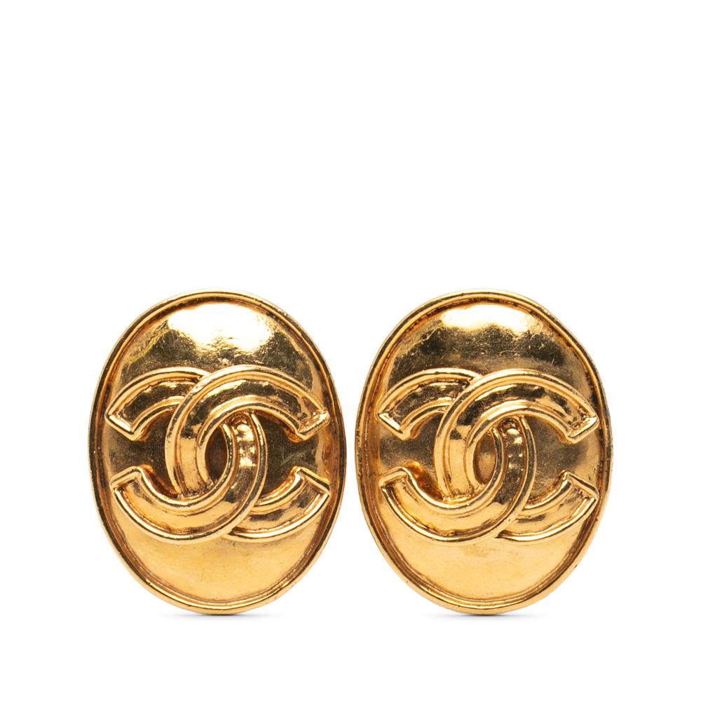 Chanel B Chanel Gold Gold Plated Metal CC Oval Clip On Earrings France