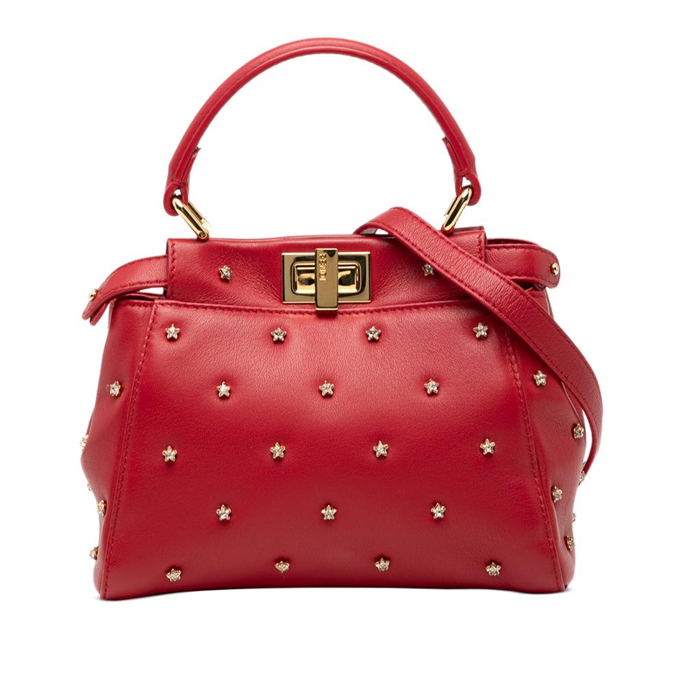 Fendi B Fendi Red Calf Leather XS Crystal Star Studded Peekaboo Iconic Satchel Italy