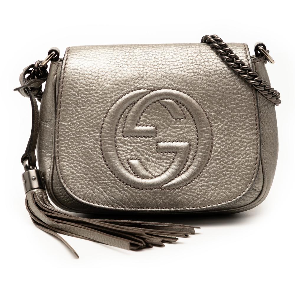 Gucci B Gucci Gold Calf Leather Small Metallic Soho Chain Flap Crossbody Italy