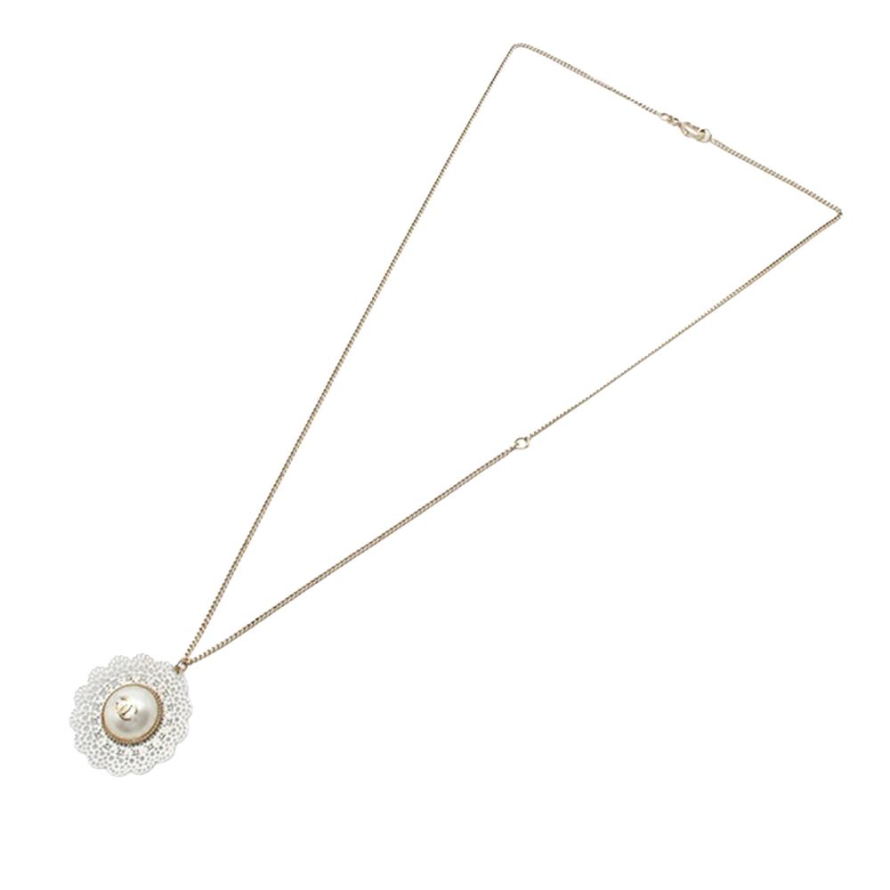 Chanel AB Chanel Gold with White Pearl Gold Plated Metal CC Faux Pearl Lace Pendant Necklace Italy
