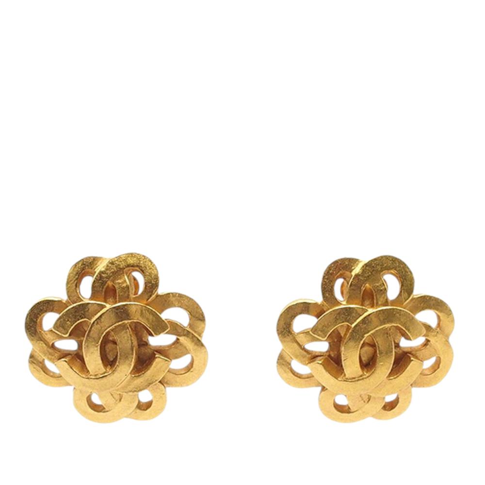 Chanel B Chanel Gold Gold Plated Metal CC Flower Clip On Earrings France
