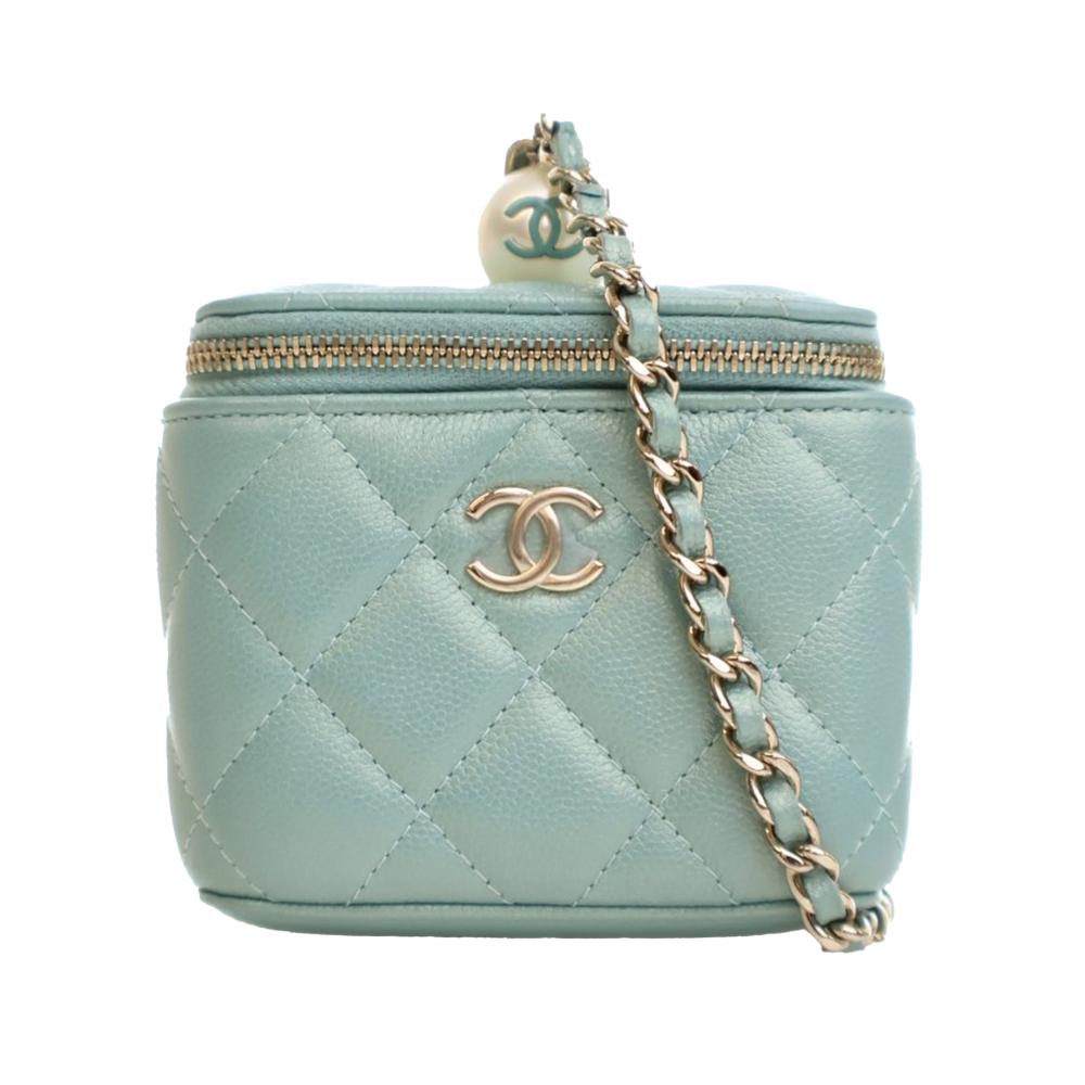 Chanel Green Mini Quilted Iridescent Caviar Pearl On Top Vanity Case With Chain Italy