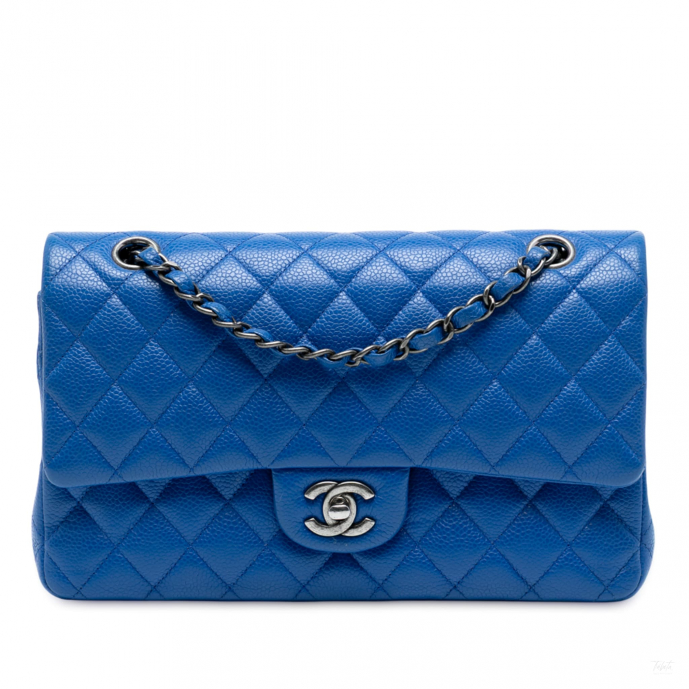 Chanel Classic Double Flap Medium Caviar Leather Matelassè Shoulder Bag Blue