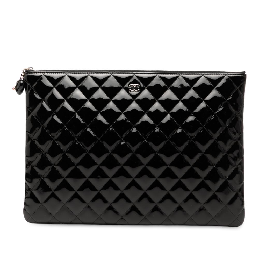 Chanel AB Chanel Black Patent Leather Leather Large Quilted Patent O Case Clutch Italy