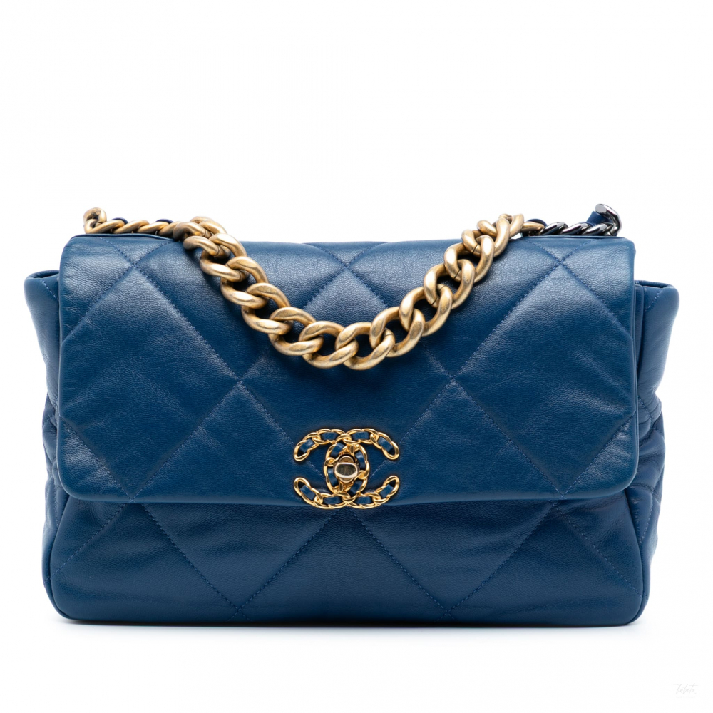 Chanel 19 Large Lambskin Leather Matelassè Flap Handbag Blue