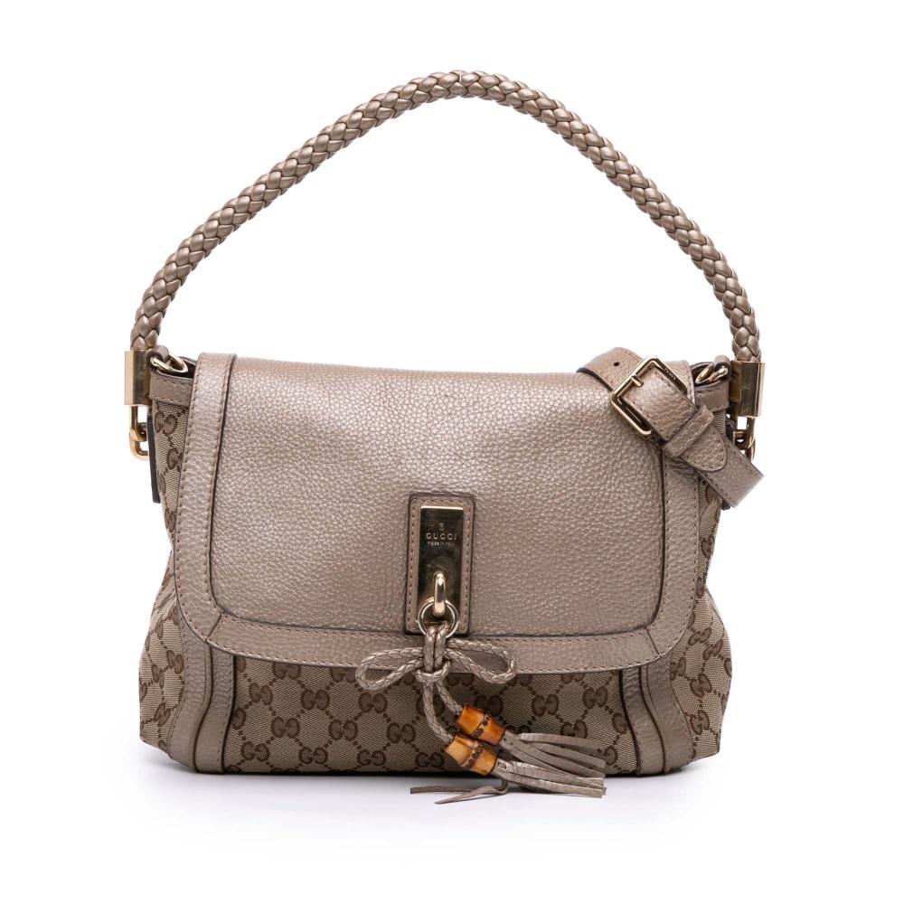 Gucci B Gucci Brown Beige with Gold Canvas Fabric GG Bella Flap Satchel Italy