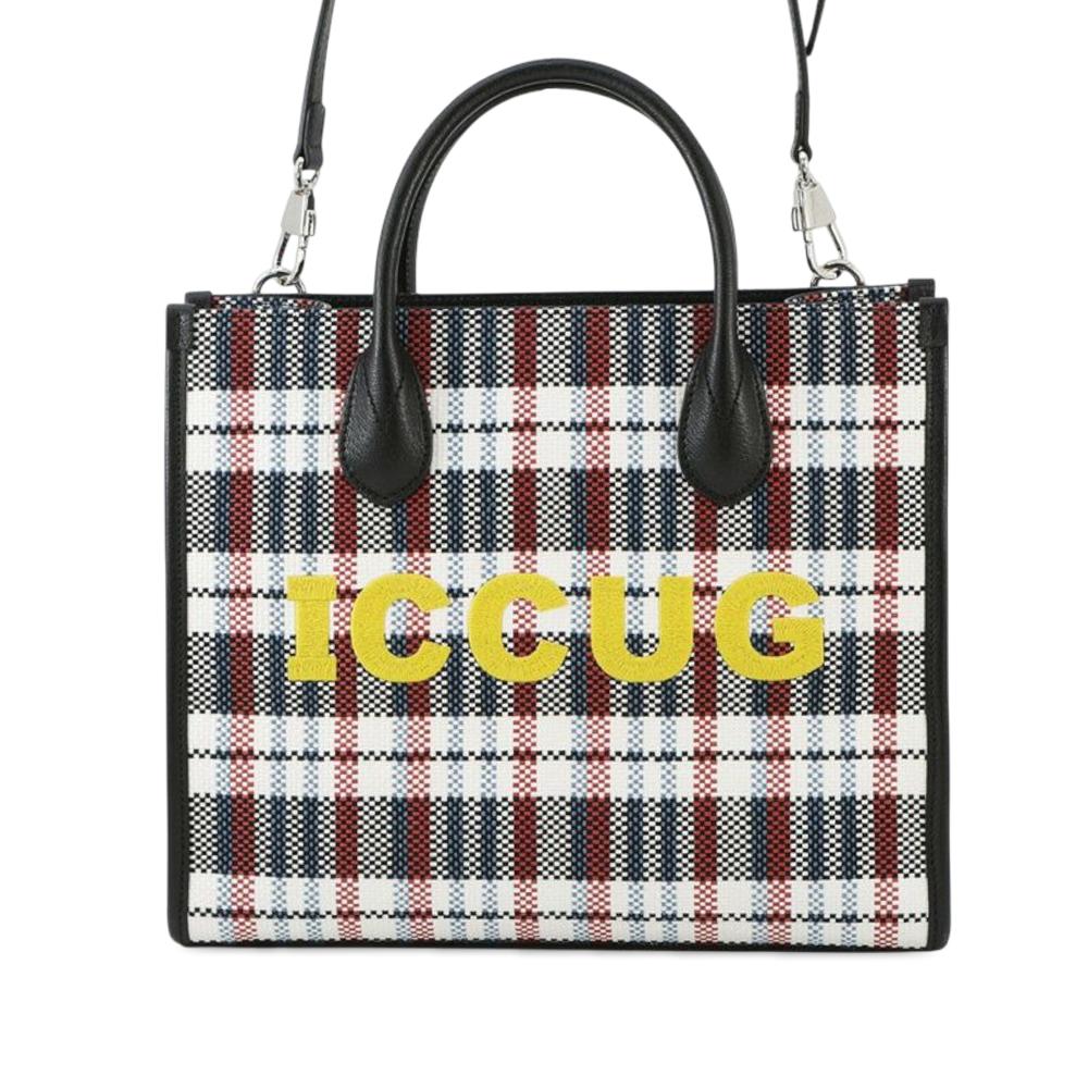 Gucci AB Gucci Brown Beige Canvas Fabric Freya Hartas ICCUG Logo Embroidered Plaid Tote Italy