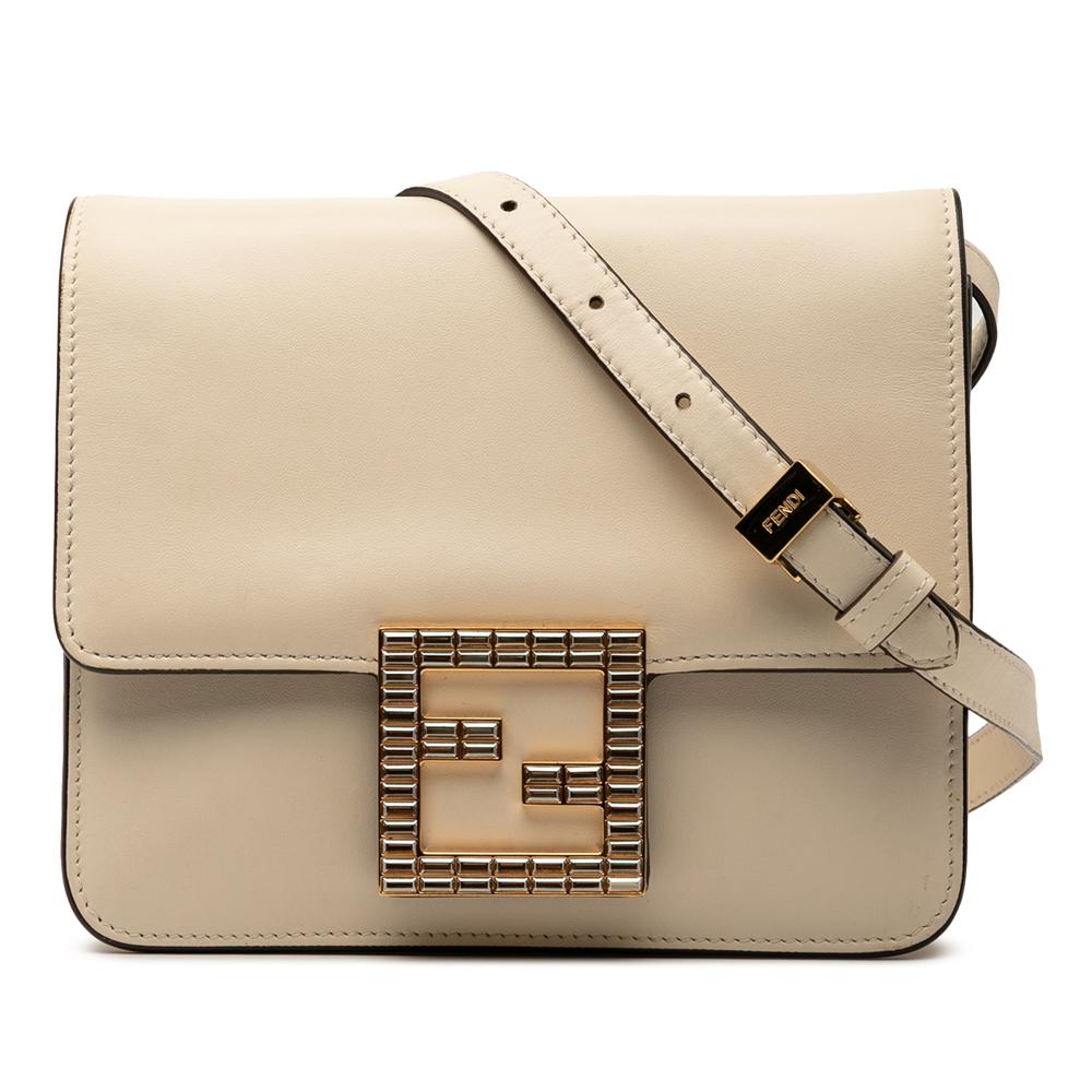 Fendi AB Fendi Brown Light Beige Calf Leather Crystal Fab Crossbody Italy
