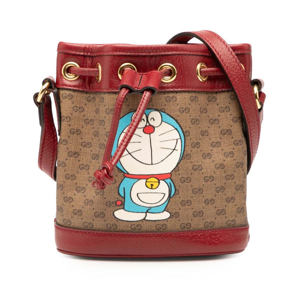 Gucci B Gucci Brown Beige Coated Canvas Fabric Micro GG Supreme Doraemon Bucket Bag Italy