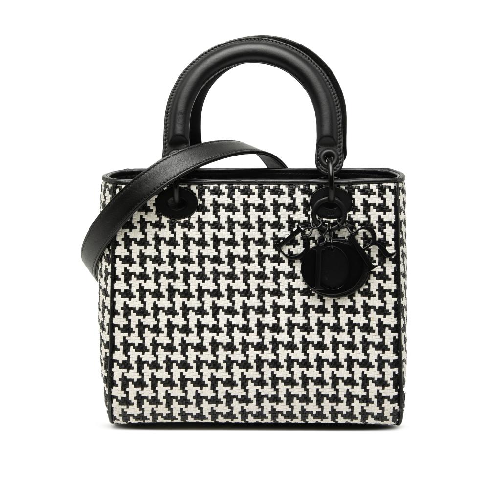 Christian Dior B Dior Black with White Calf Leather Medium skin Woven Houndstooth Lady Dior Italy