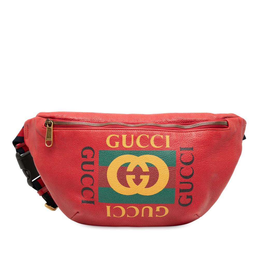 Gucci B Gucci Red Calf Leather Grained skin Logo Belt Bag Italy