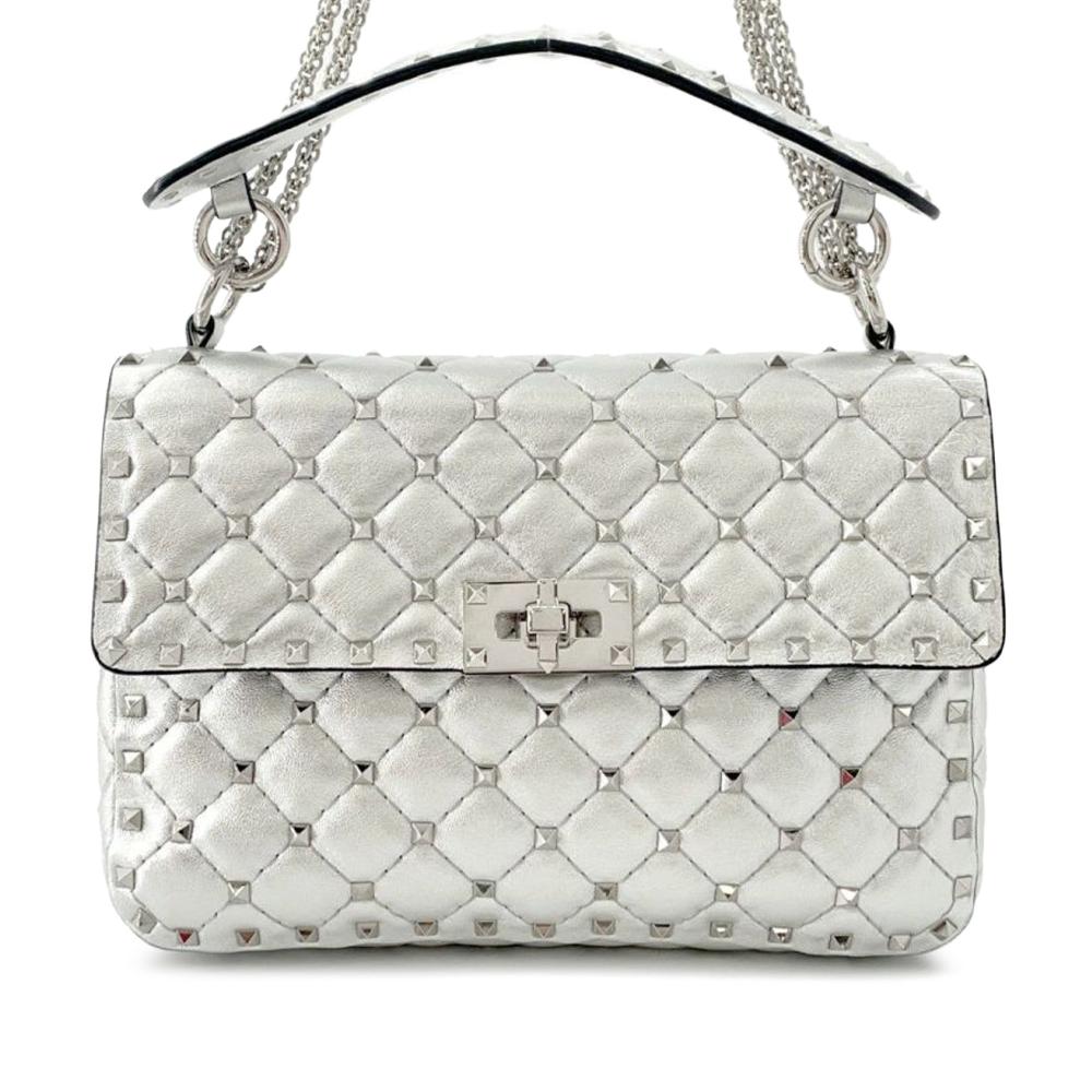 Valentino B Valentino Silver Lambskin Leather Leather Medium Lambskin Rockstud Spike Satchel Italy