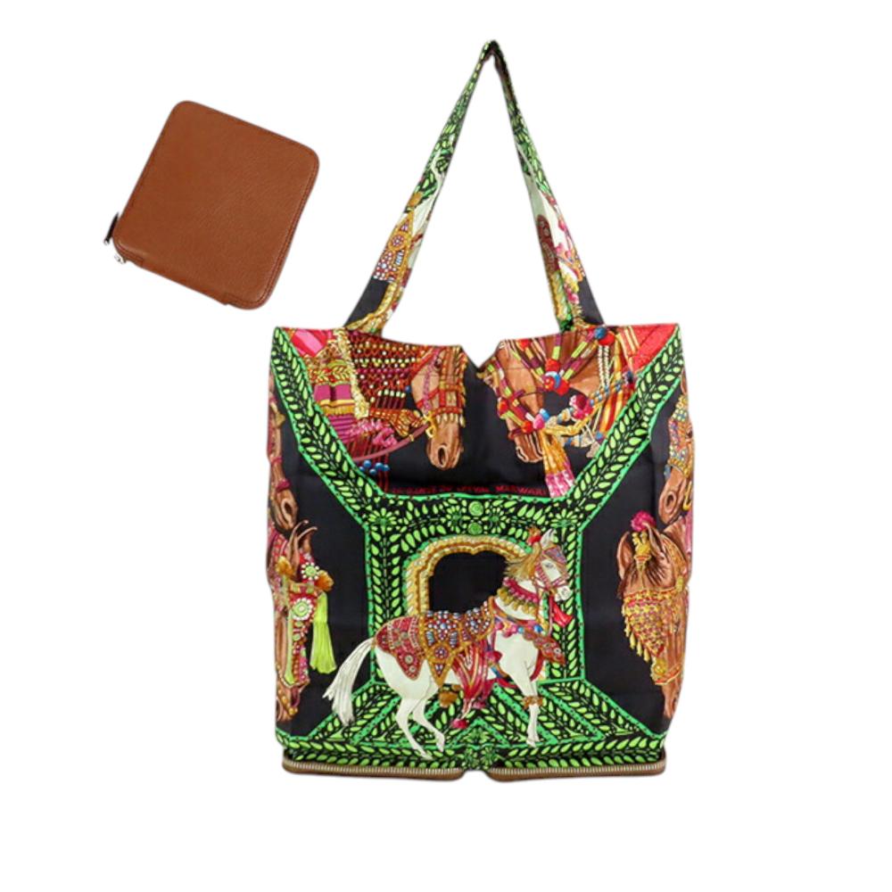 Hermès AB Hermès Black with Brown Silk Fabric La Danse Du Cheval Marwari y Pop Tote France