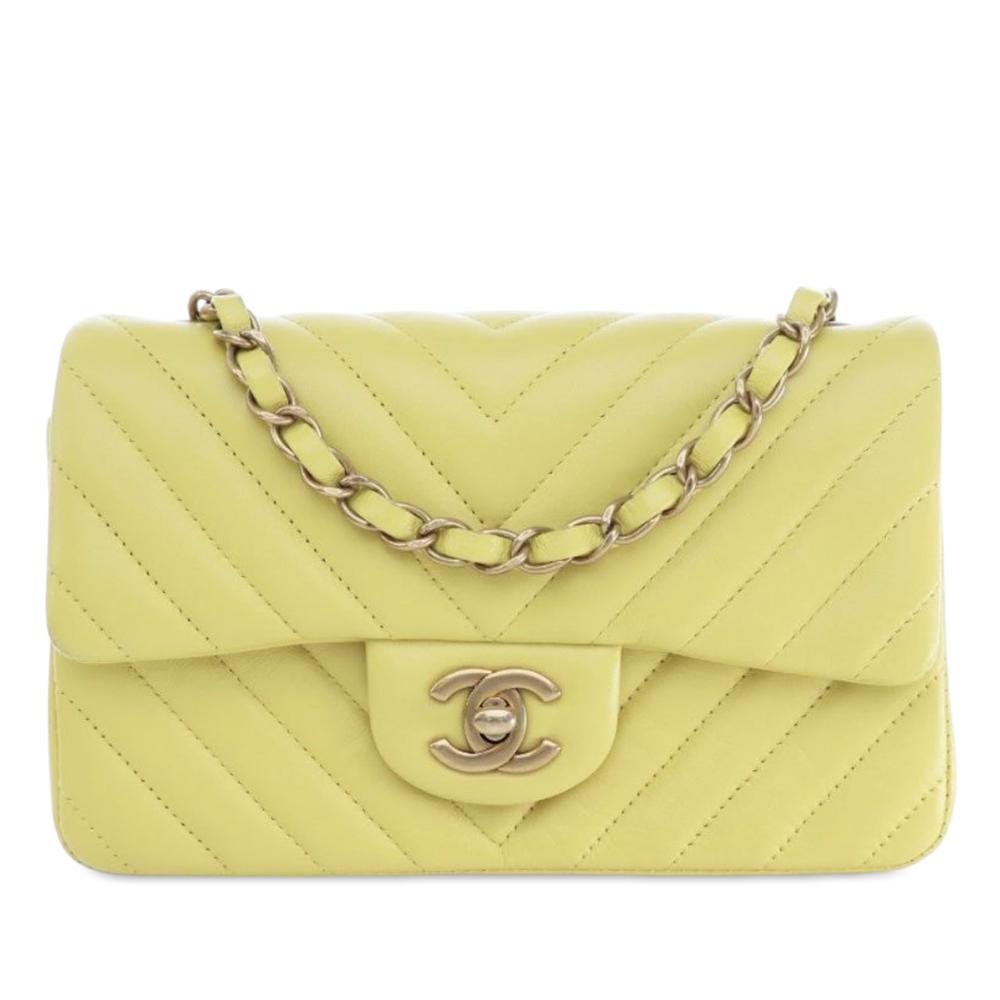 Chanel Yellow Lambskin Leather Leather Mini Rectangular Classic Chevron Lambskin Single Flap France