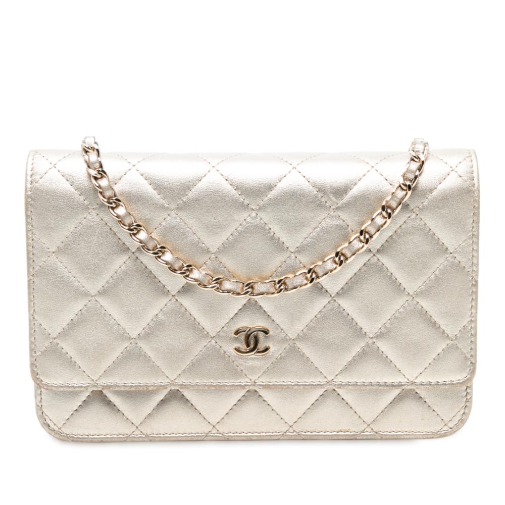 Chanel B Chanel Gold Light Gold Lambskin Leather Leather CC Quilted Metallic Lambskin Wallet on Chain Italy