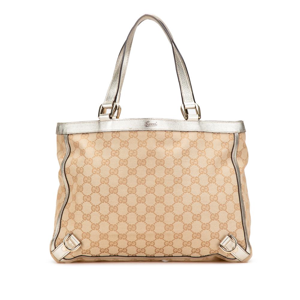 Gucci AB Gucci Brown Beige with Silver Canvas Fabric GG Abbey D Ring Tote Italy
