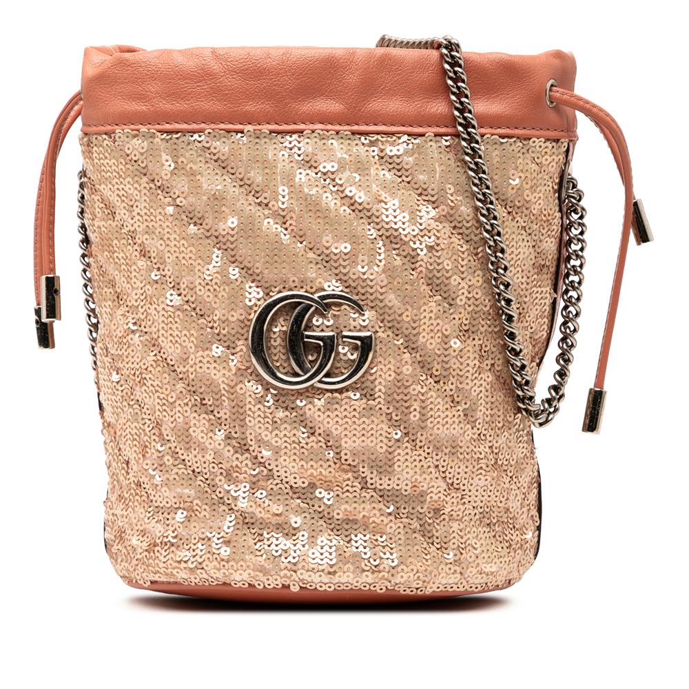 Gucci AB Gucci Pink Calf Leather Small GG Marmont Sequined Diagonal Matelasse Bucket Bag Italy