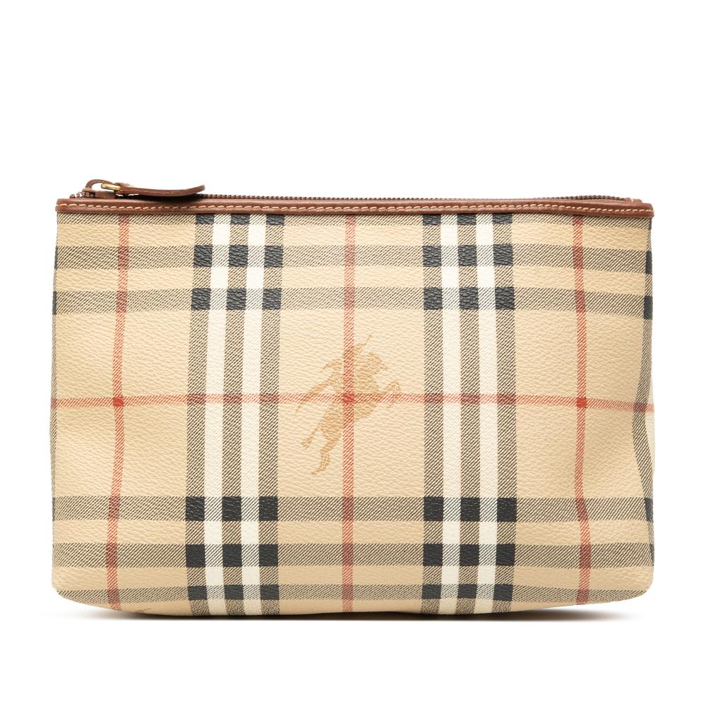 Burberry AB Burberry Brown Beige Coated Canvas Fabric Haymarket Check Pouch Italy