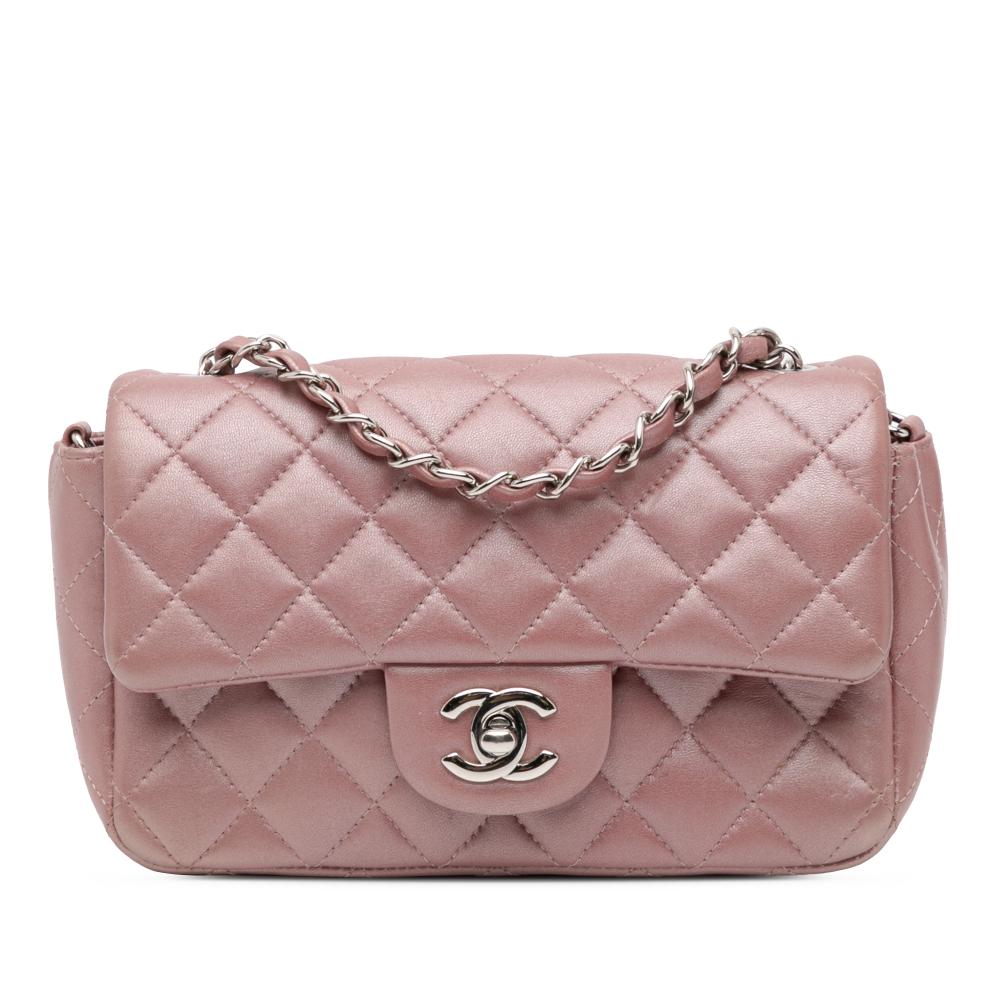 Chanel Pink Lambskin Leather Leather Mini Rectangular Classic Iridescent Lambskin Single Flap Italy