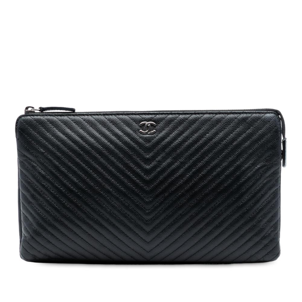 Chanel B Chanel Black Caviar Leather Leather CC Chevron Caviar Zip Clutch Italy