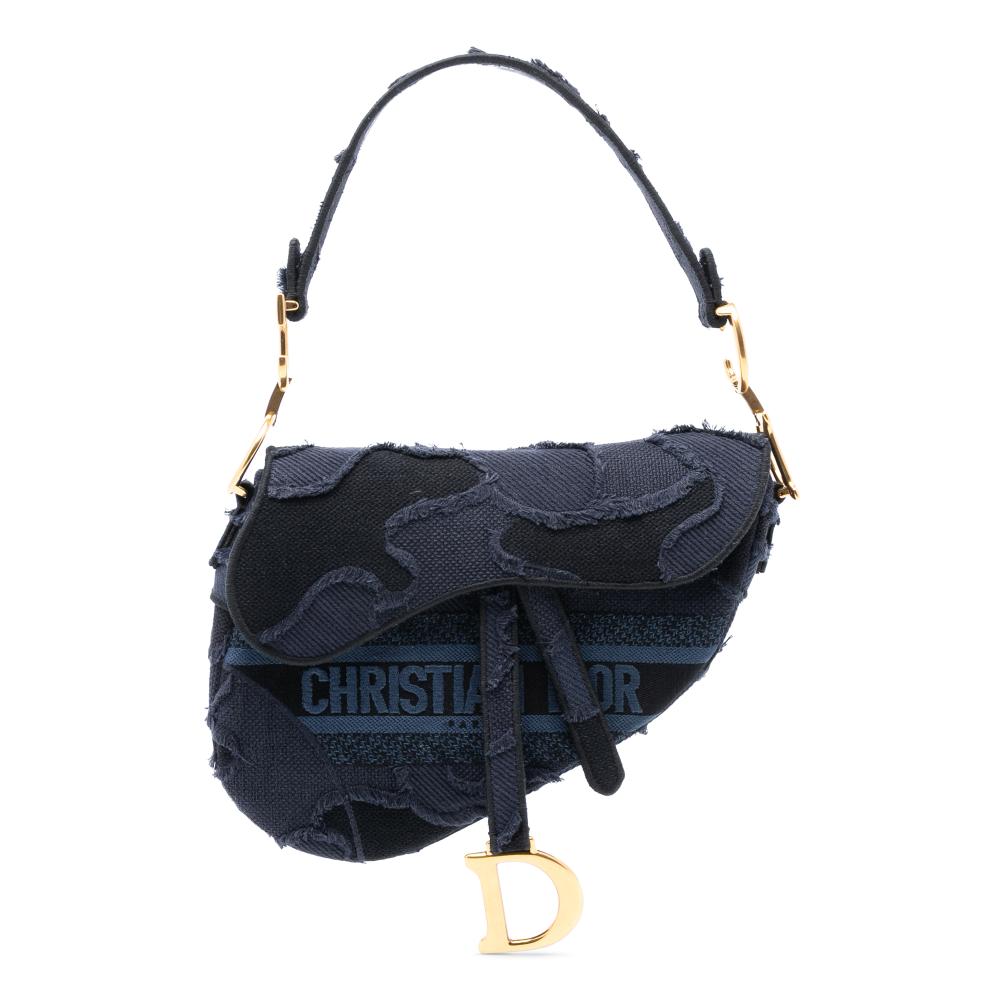 Christian Dior B Dior Blue Navy Canvas Fabric Camouflage Embroidered Saddle Bag Italy