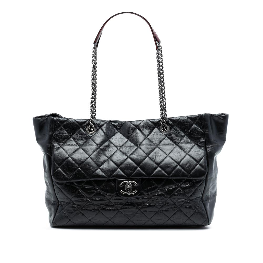Chanel B Chanel Black Calf Leather Large Quilted Glazed skin Duo Color Tote Italy