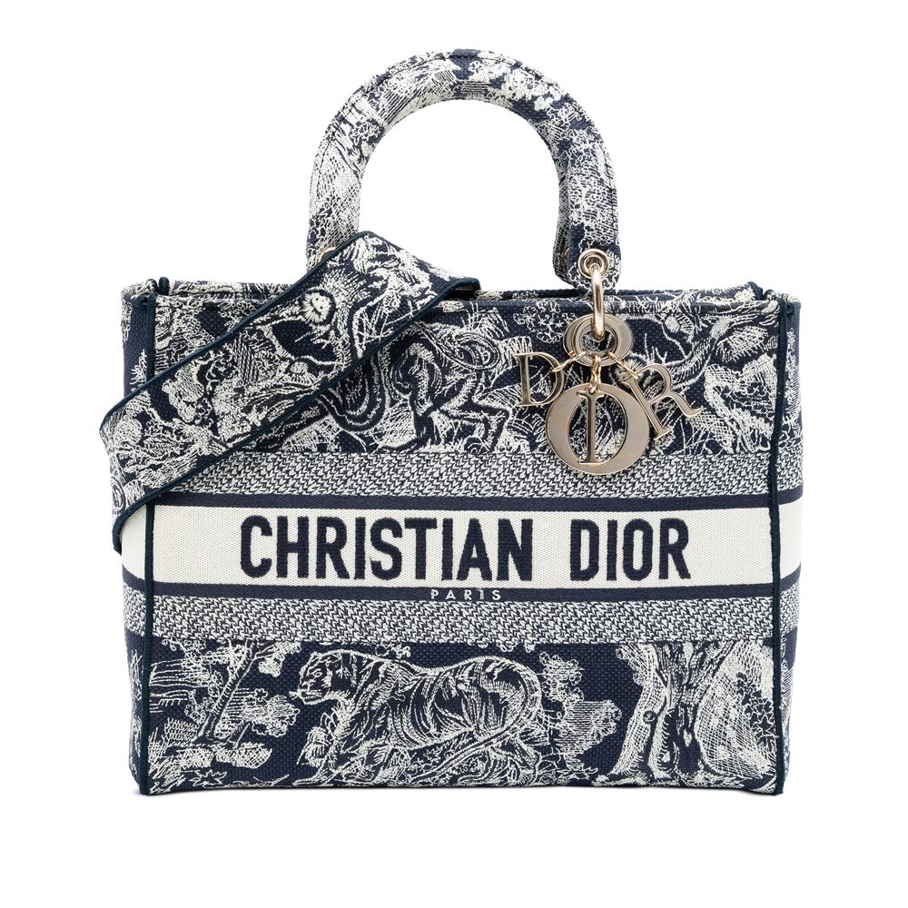 Christian Dior B Dior Blue Navy Canvas Fabric Large Embroidered Toile de Jouy Lady D Lite Italy
