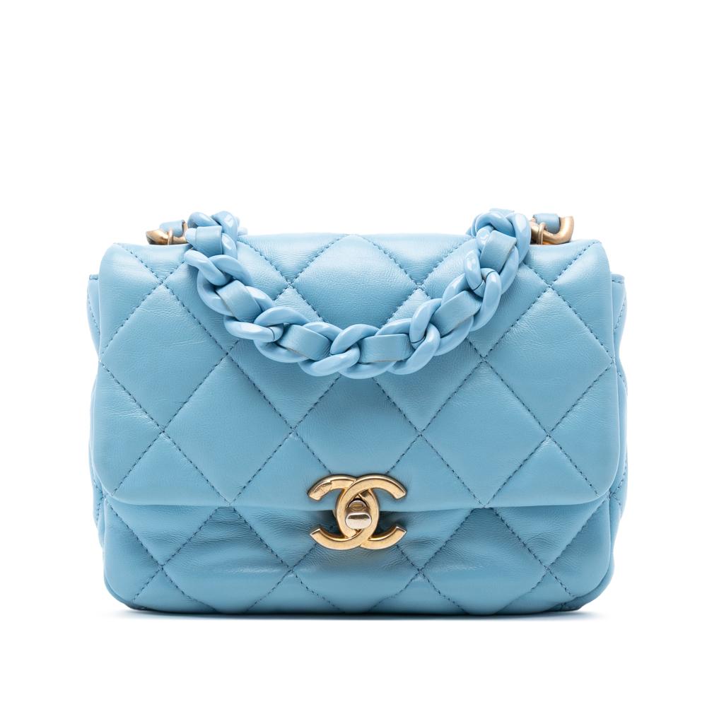 Chanel AB Chanel Blue Light Blue Lambskin Leather Leather Mini Quilted Lambskin Lacquered Chain Flap Italy