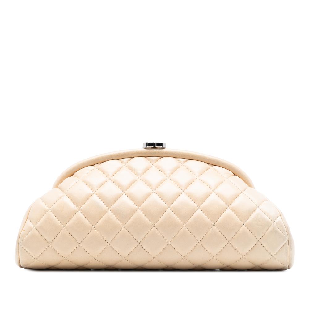 Chanel B Chanel Brown Light Beige Lambskin Leather Leather Quilted Lambskin Timeless Kisslock Clutch Italy