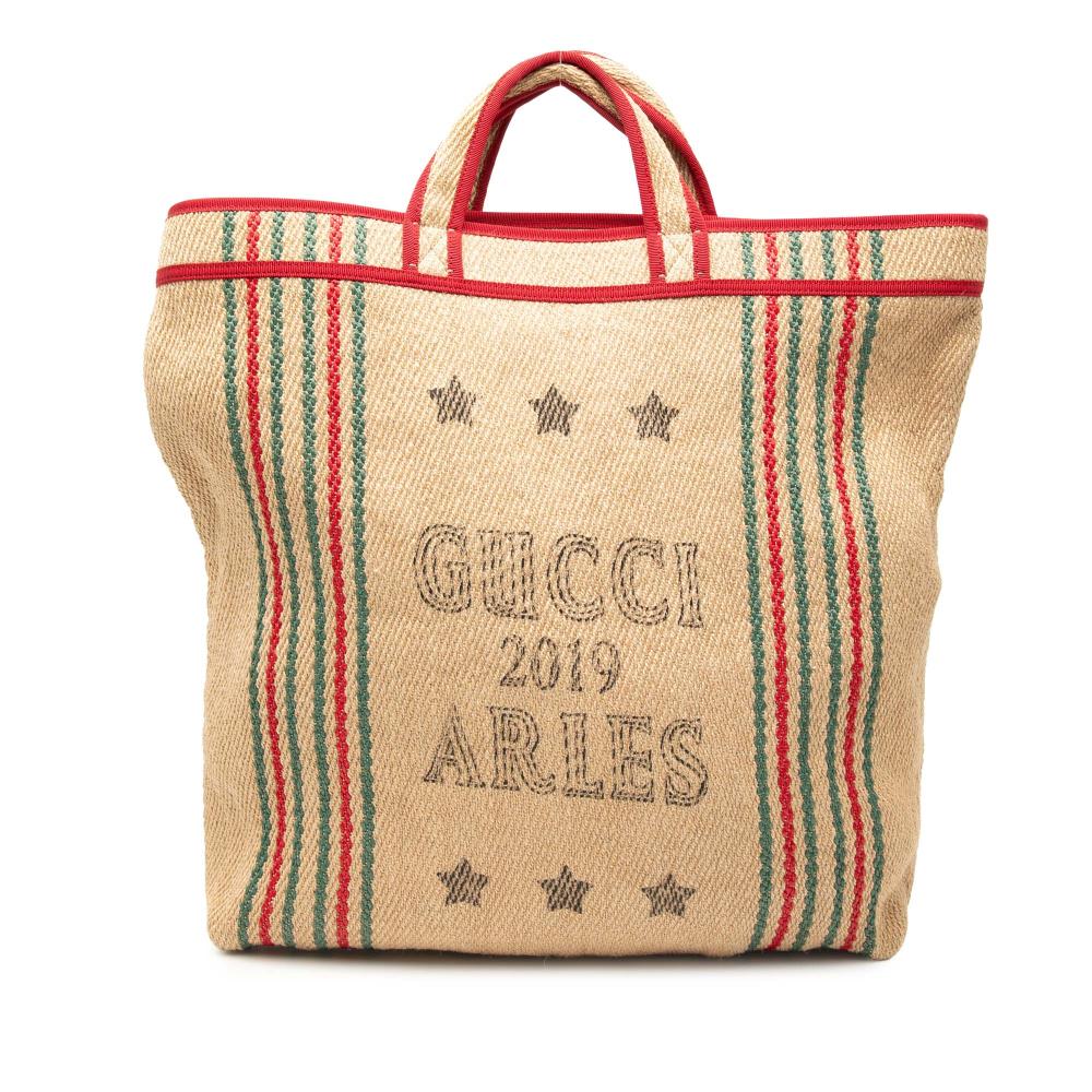 Gucci AB Gucci Brown Beige Natural Fiber Natural Material Jute Arles Printed Tote Italy