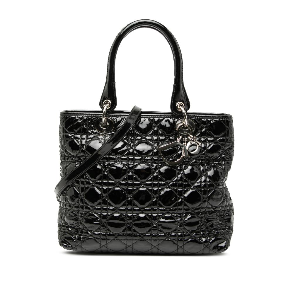 Christian Dior B Dior Black Patent Leather Leather Medium Patent Cannage Lady Dior Soft Shopping Tote Italy
