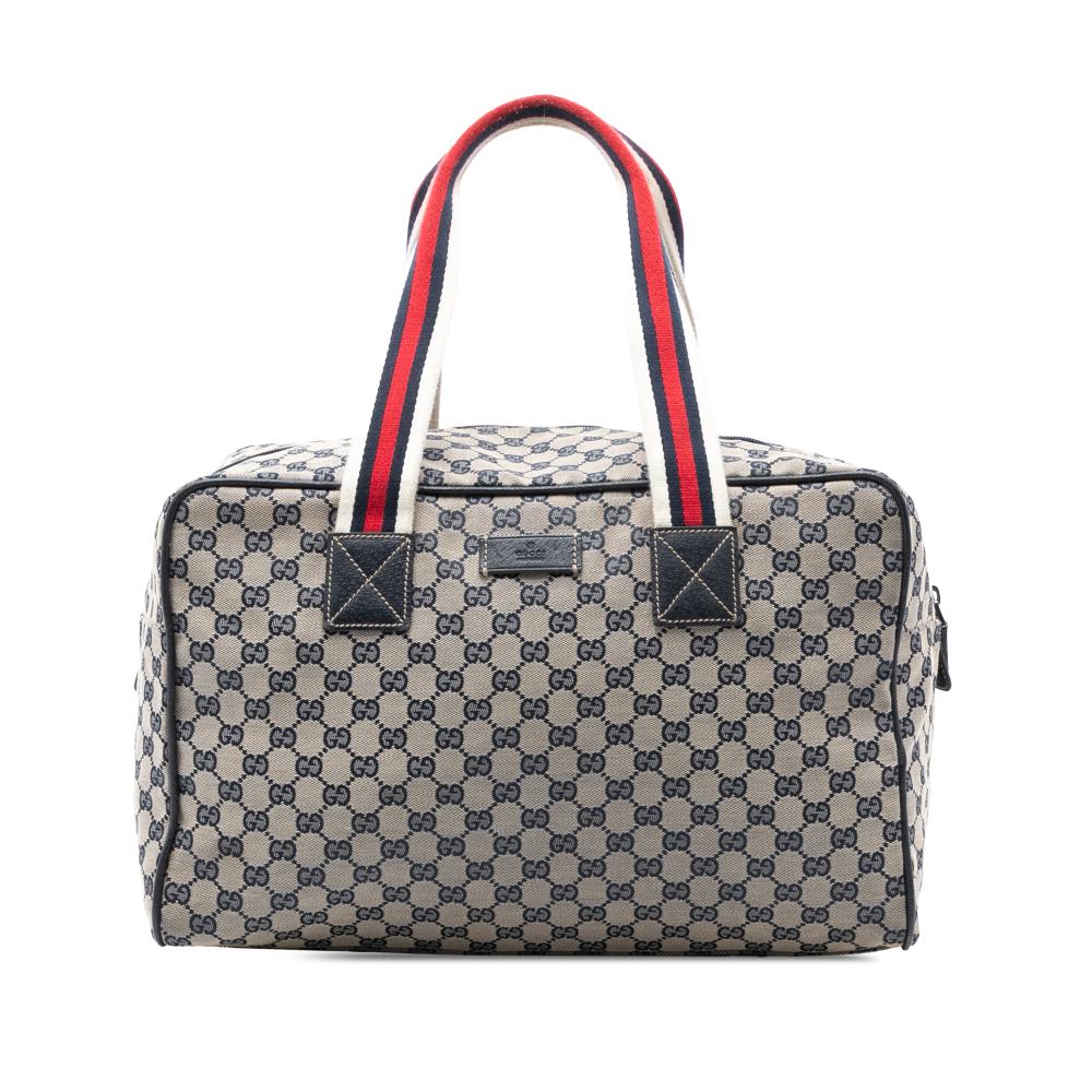 Gucci B Gucci Gray Canvas Fabric GG Web Travel Bag Italy