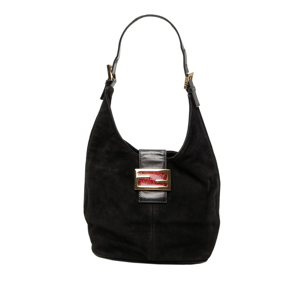 Fendi B Fendi Black Suede Leather FF Shoulder Bag Italy