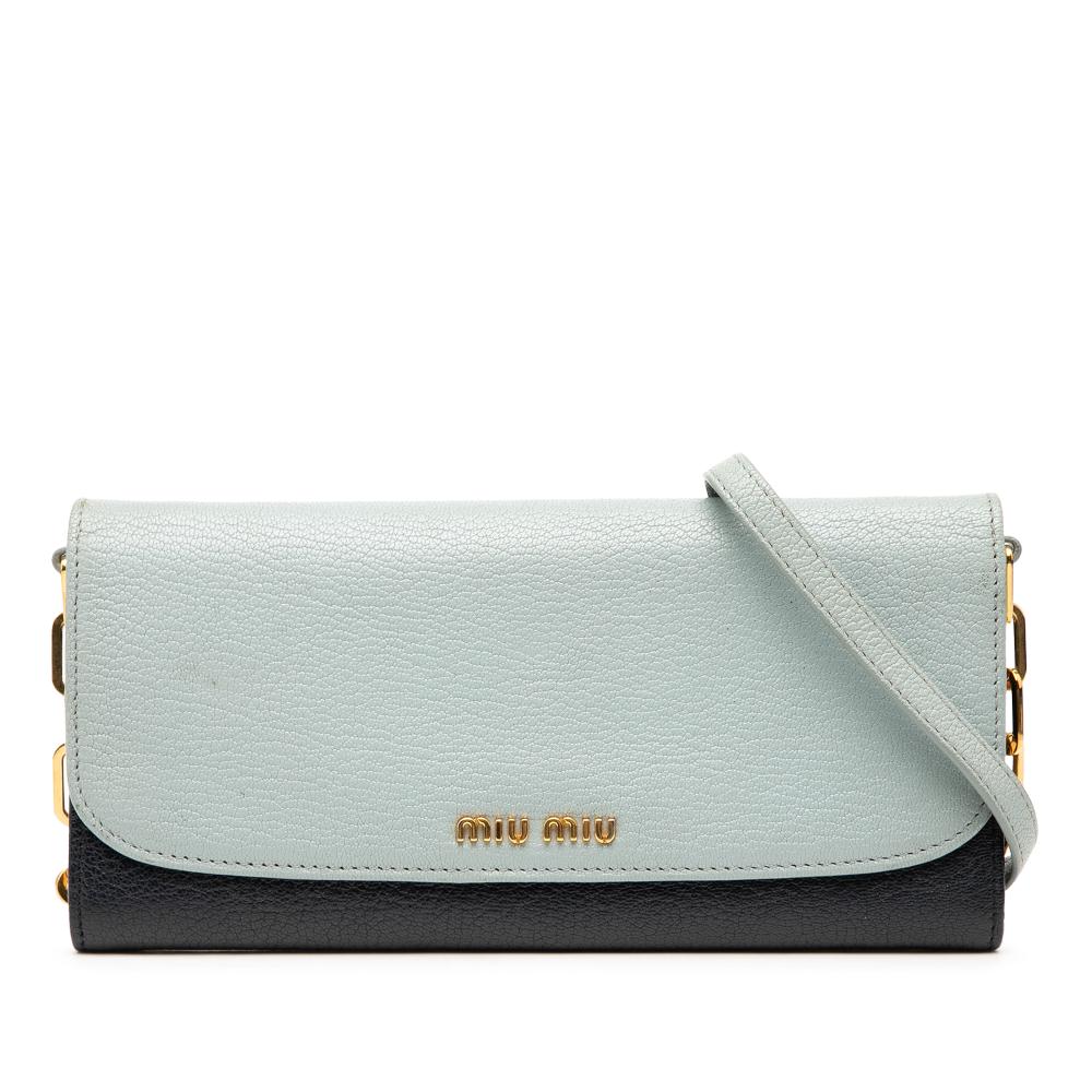 Miu Miu B Miu Miu Blue Light Blue with Black Goatskin Leather Bicolor Madras Wallet on Chain Turkey