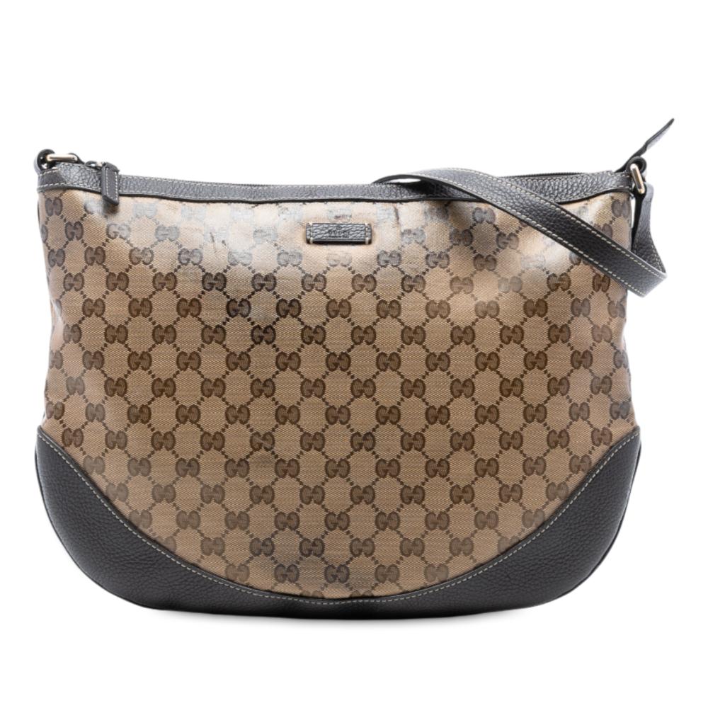 Gucci B Gucci Brown Coated Canvas Fabric Large GG Crystal Half Moon Crossbody Italy