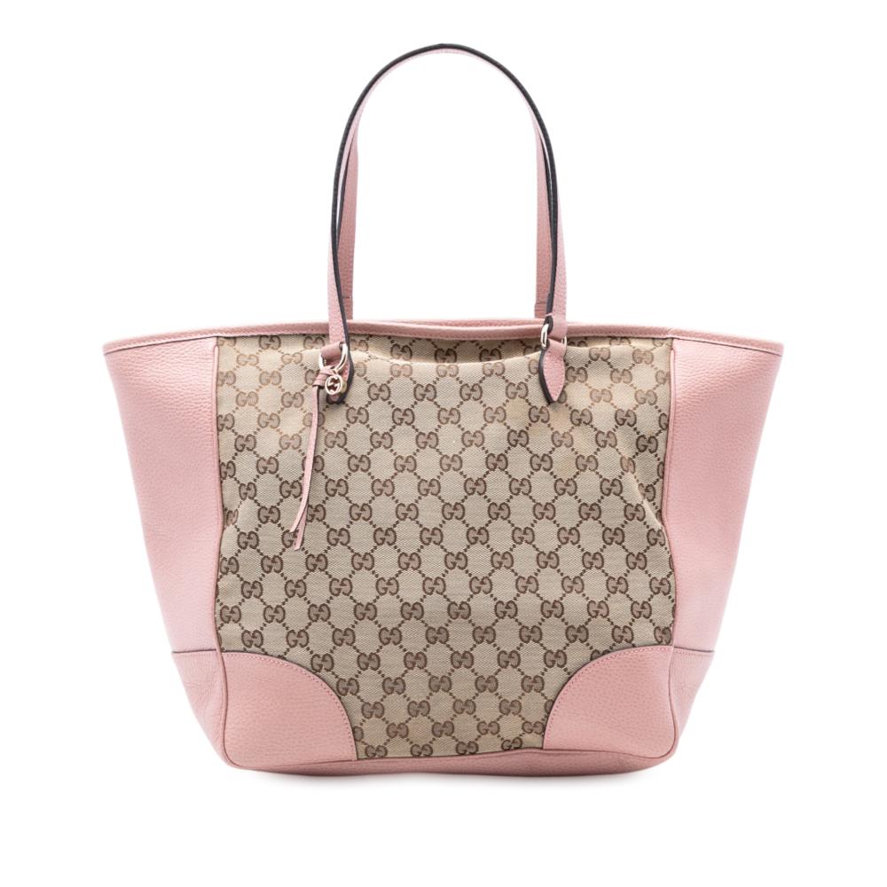 Gucci B Gucci Brown Beige with Pink Canvas Fabric GG Bree Zippered Tote Italy