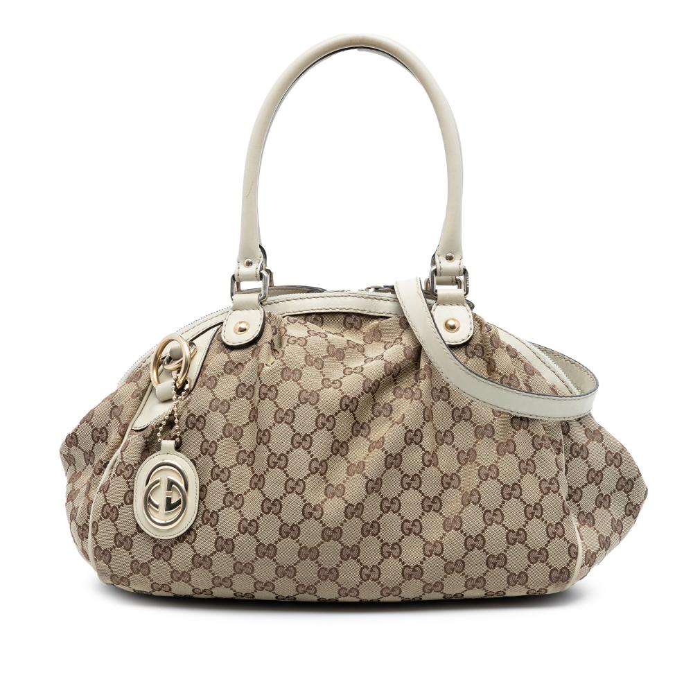 Gucci B Gucci Brown Beige Canvas Fabric GG Sukey Satchel Italy