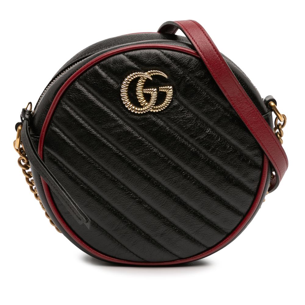 Gucci AB Gucci Black Calf Leather Mini GG Marmont Matelasse Torchon Round Crossbody Italy