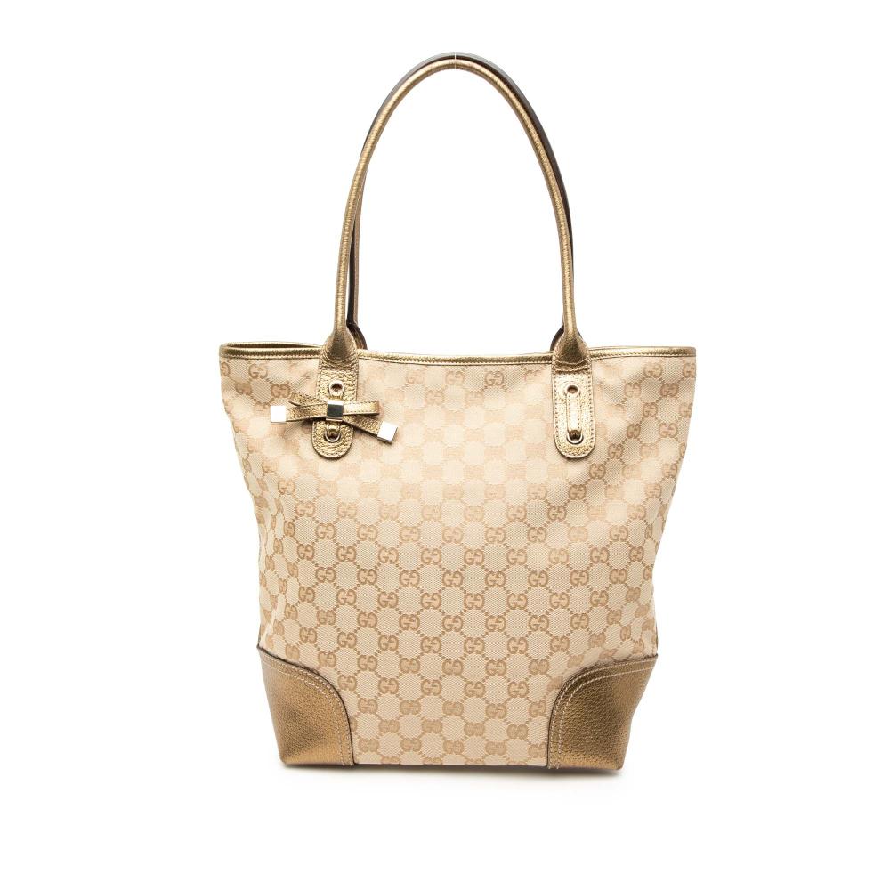 Gucci B Gucci Brown Beige with Gold Canvas Fabric GG Princy Tote Italy