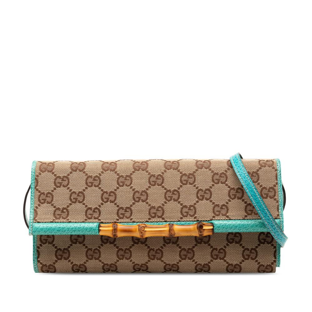 Gucci B Gucci Brown Beige with Blue Turquoise Canvas Fabric GG Bamboo Bar Crossbody Italy