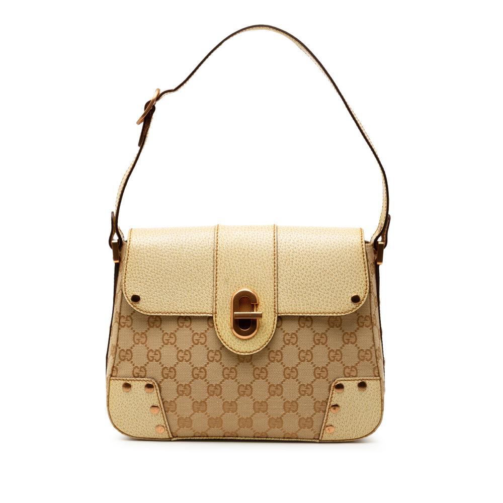 Gucci B Gucci Brown Beige Canvas Fabric GG Turnlock Shoulder Bag Italy
