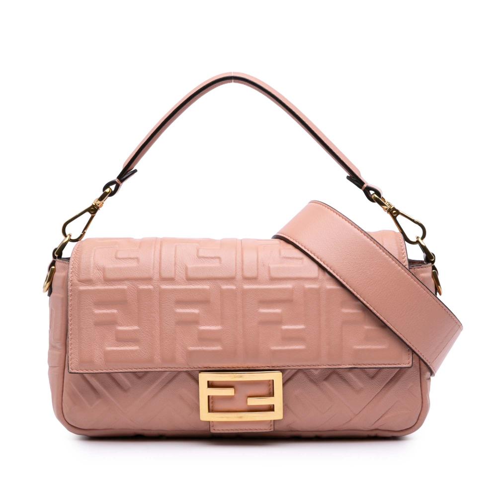 Fendi B Fendi Pink Salmon Calf Leather Medium Embossed FF Baguette Satchel Italy